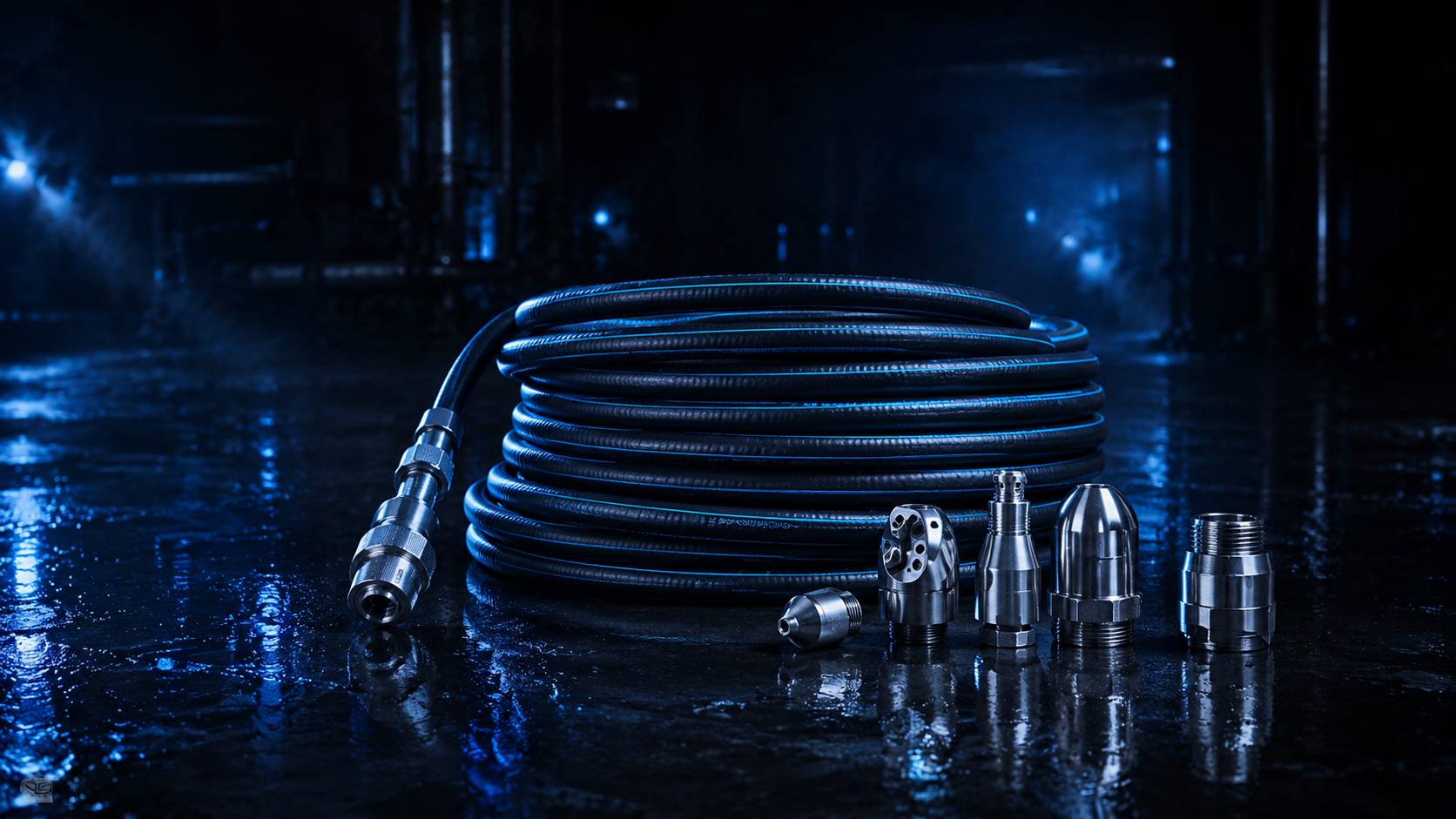 High-pressure sewer jetting hoses, commercial nozzles, and quick-connect fittings for contractor use